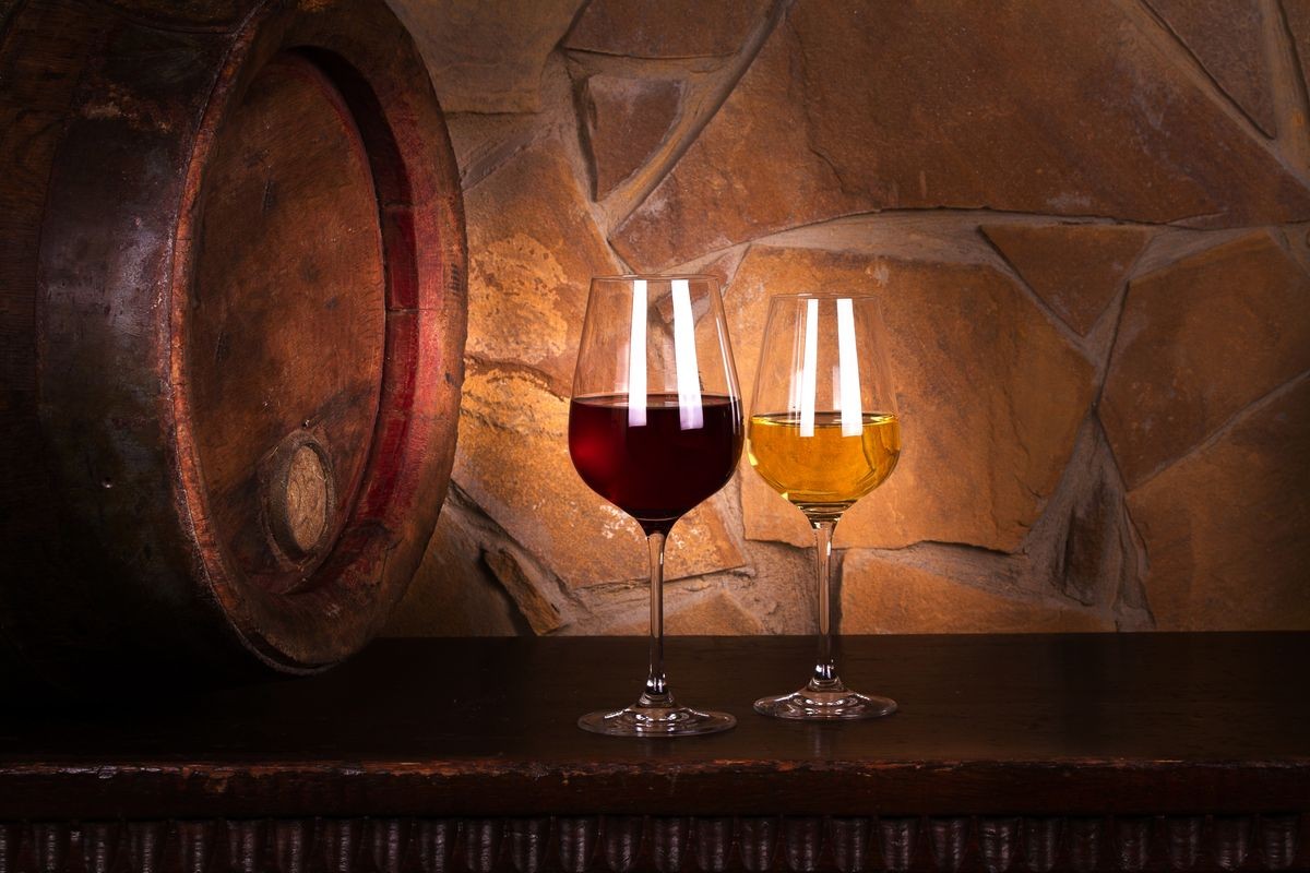 Glasses of red and white wine in wine cellar, old wine barrel